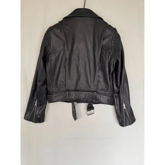 Topshop Black Genuine Leather Silver Hardware Relaxed Oversize Moto Jacket Sz 4